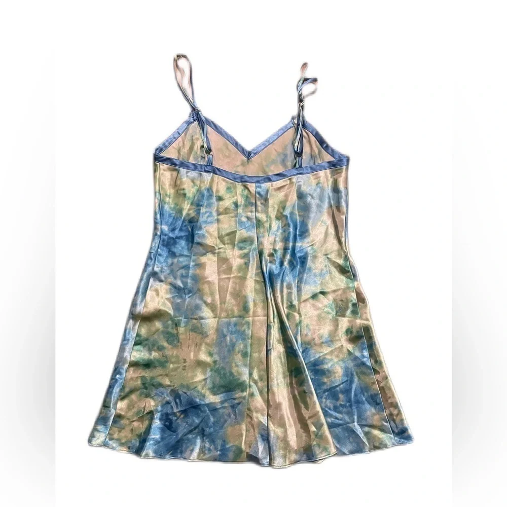 Delicates Womans Tie Dye Green/Blue Satin Bow Lingerie Chemise slip dress